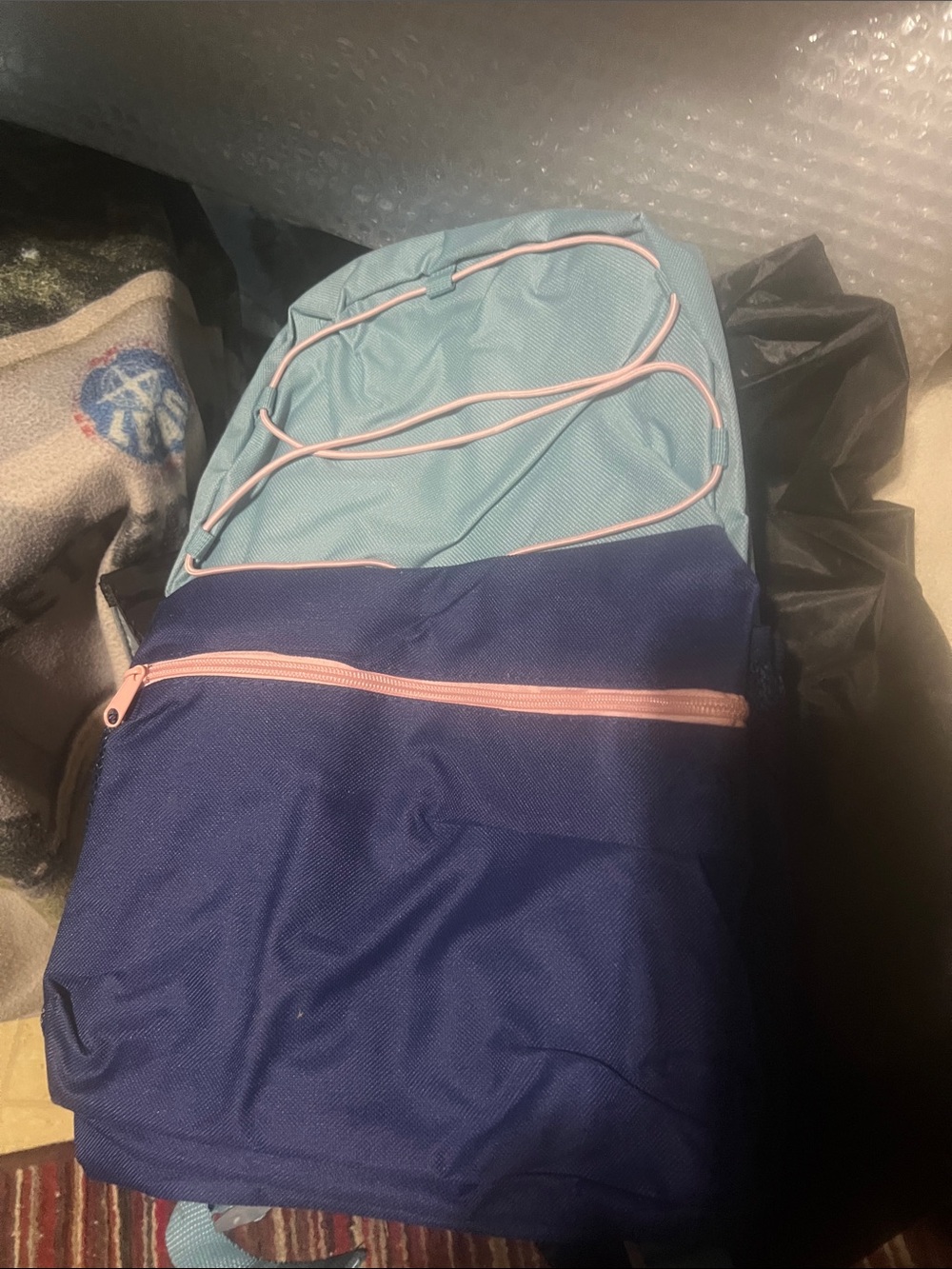 Two-Tone Navy and Light Blue Backpack with Pink Accents